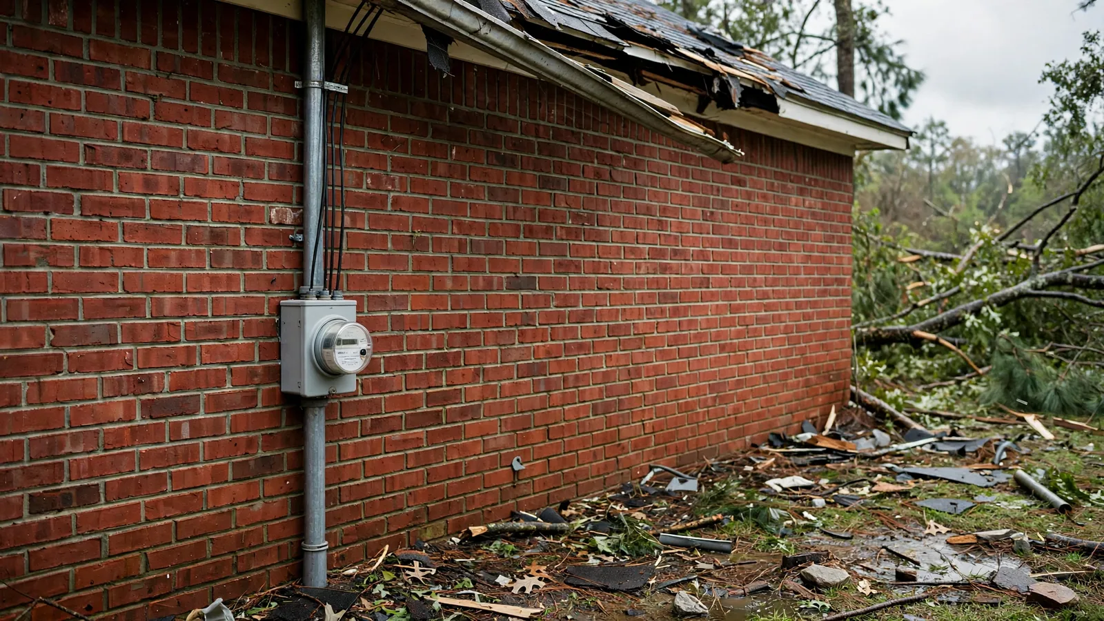 Same brick wall with a new meter base and straight service mast