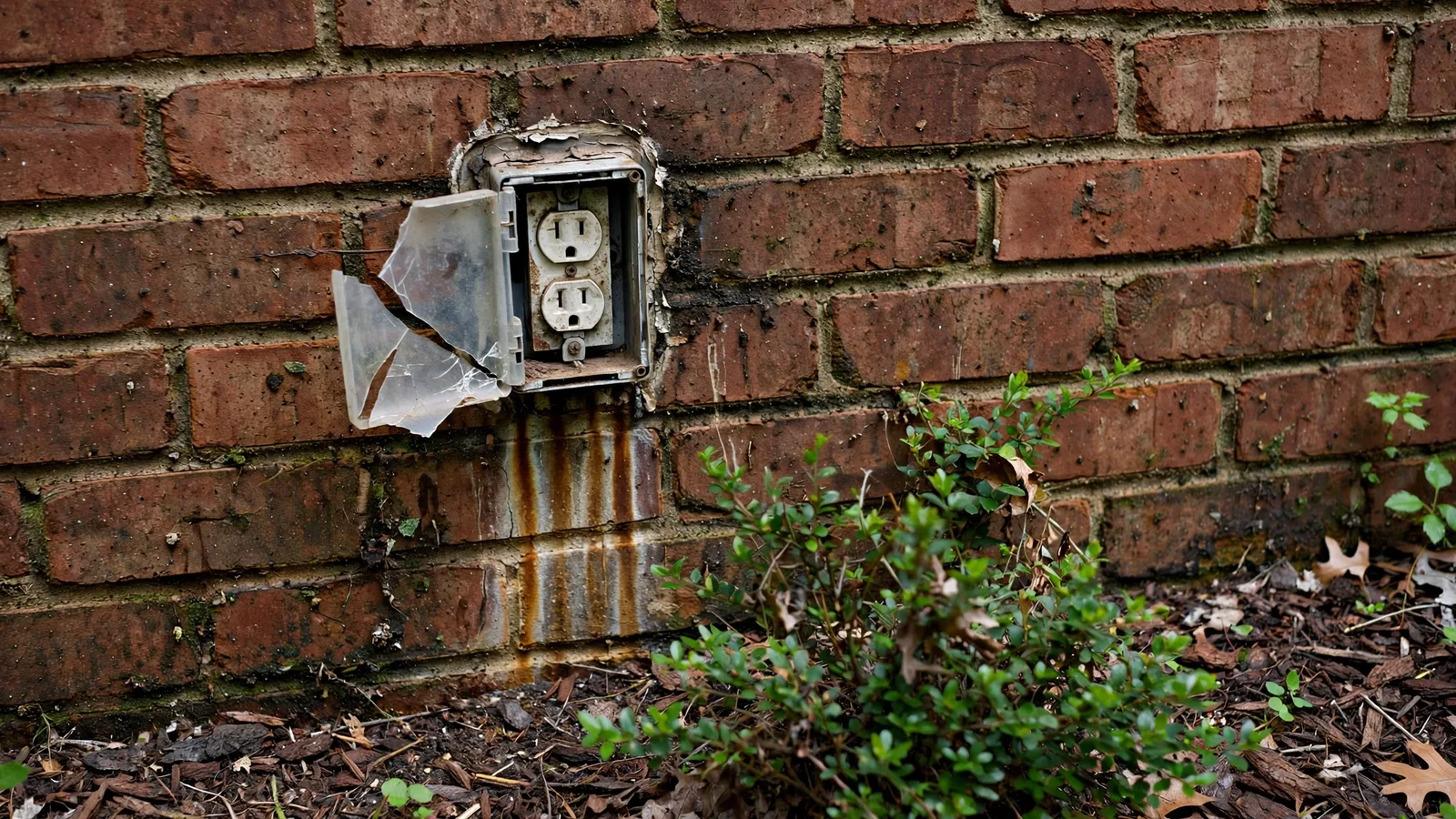 Outdoor outlet on a brick wall with a broken weather cover and rust stains