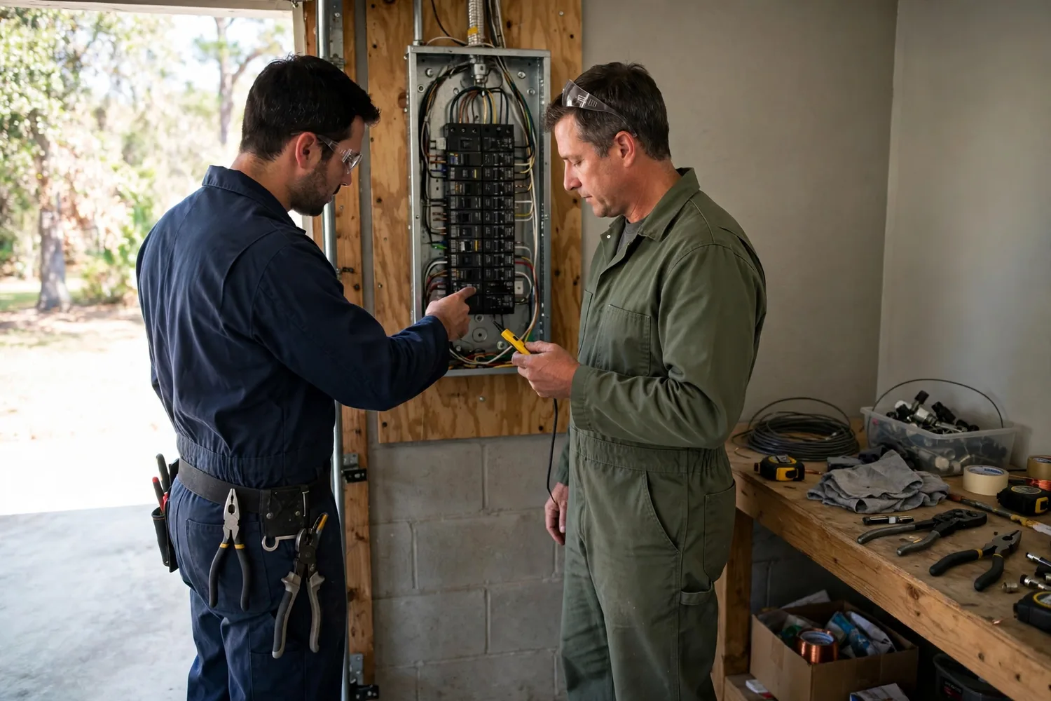 Two electricians reviewing an open breaker panel in a garage