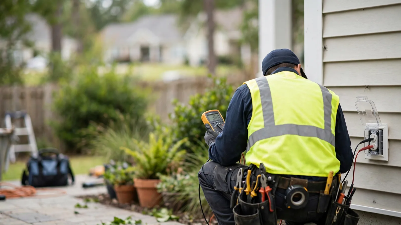 Electrician inspecting an outdoor GFCI outlet with a weatherproof cover
