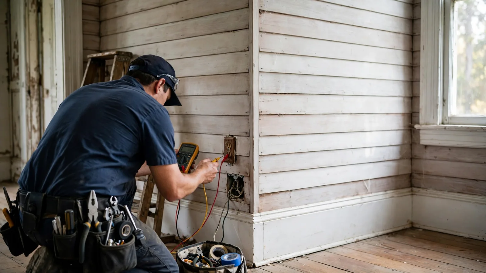 Electrician testing an older two-prong outlet in a historic home