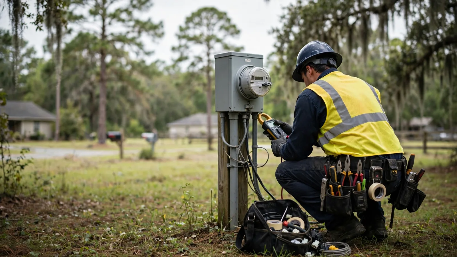 Electrician checking a meter base on a service pedestal