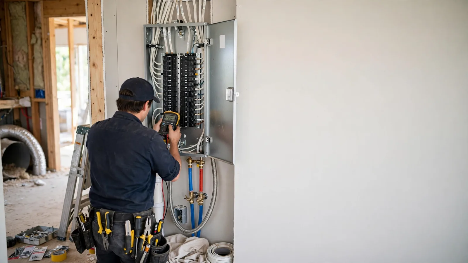 Electrician testing an AFCI breaker in a modern panel in a new home