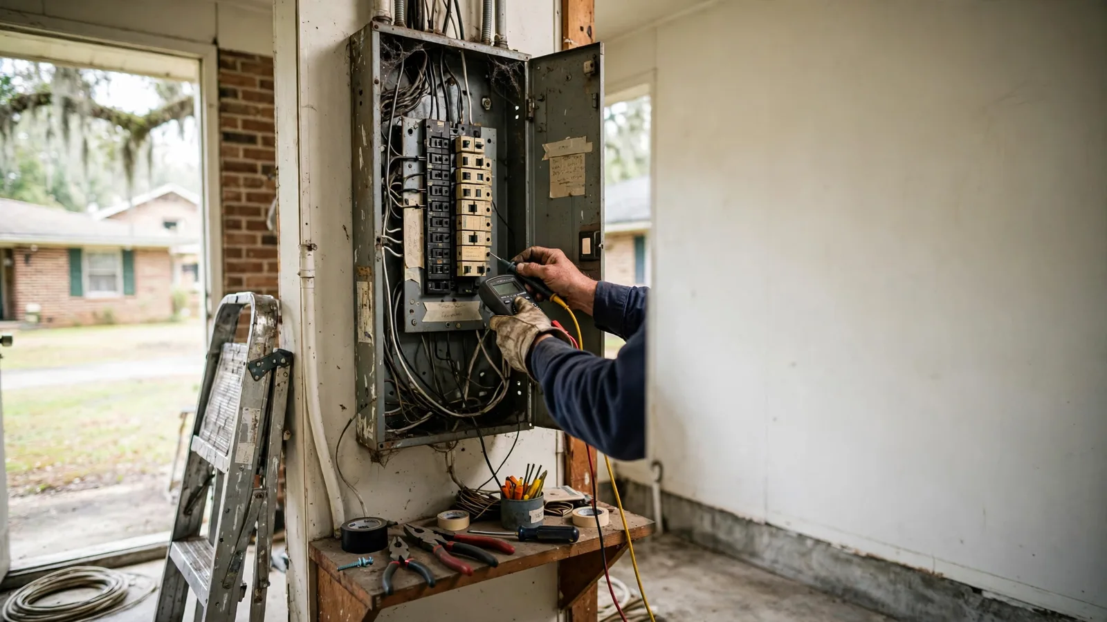 Electrician inspecting an older breaker panel in a mid-century home