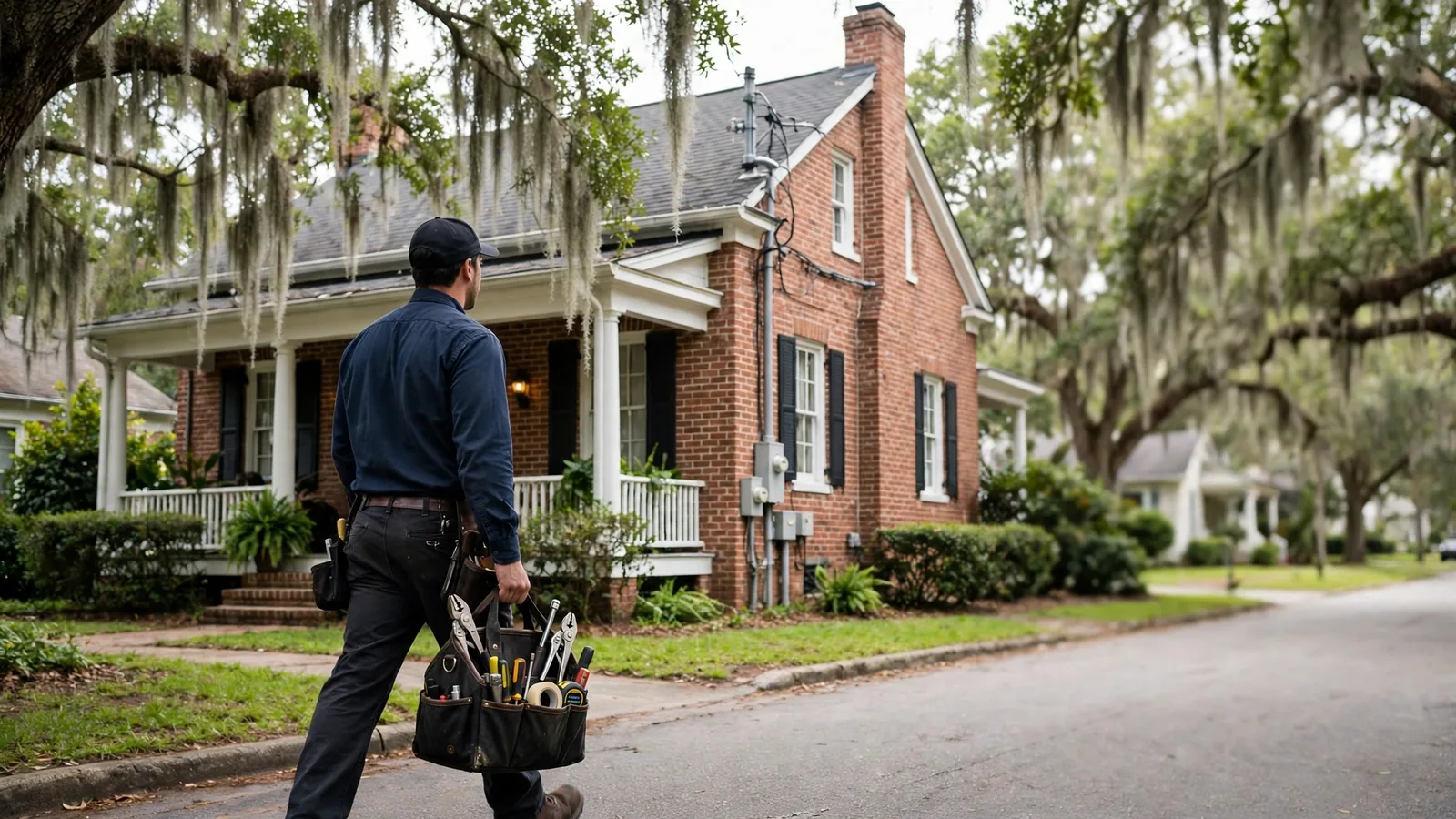 Electrician walking to a brick Southern home under live oaks