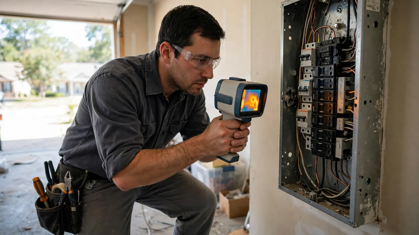Electrician checking a breaker panel with a thermal imaging camera