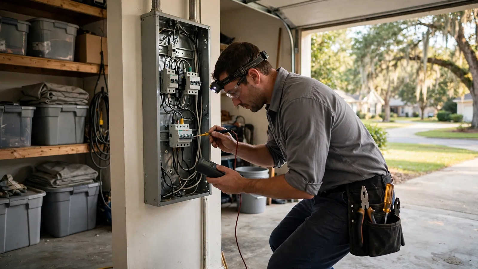 Electrician testing circuits at a residential breaker panel